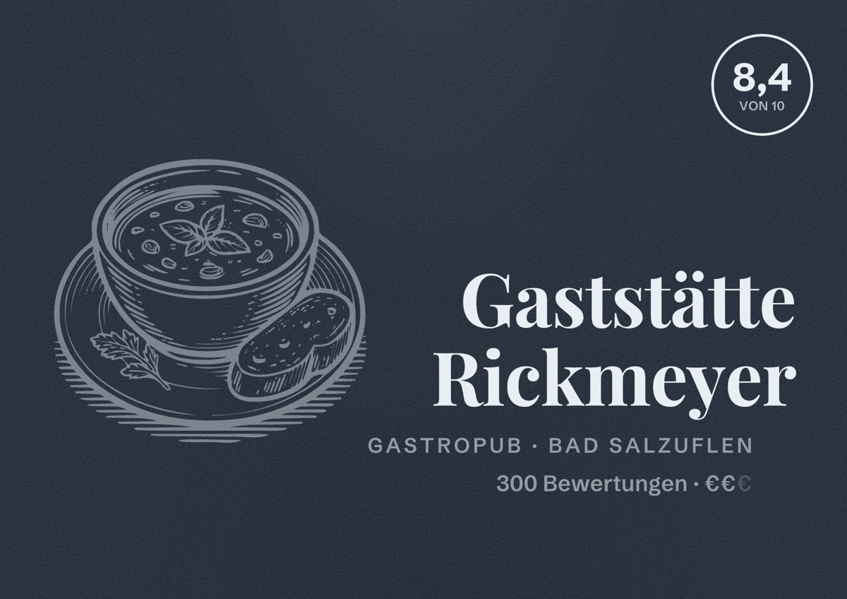 Illustriertes Poster von Gaststätte Rickmeyer, Gastropub in Bad Salzuflen: Bewertung 8,4 von 10 aus 300 Bewertungen, Preisniveau €€