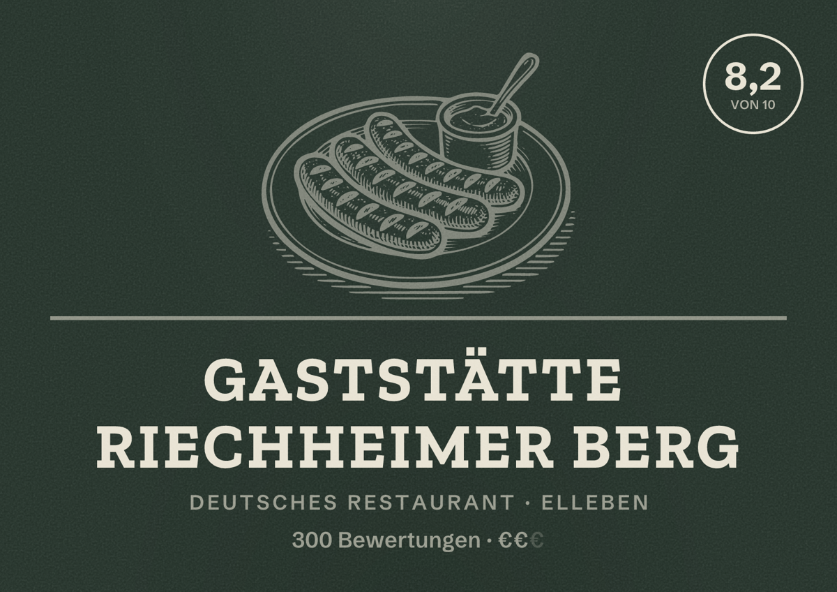 Illustriertes Poster von Gaststätte Riechheimer Berg, Deutsches Restaurant in Elleben: Bewertung 8,2 von 10 aus 300 Bewertungen, Preisniveau €€