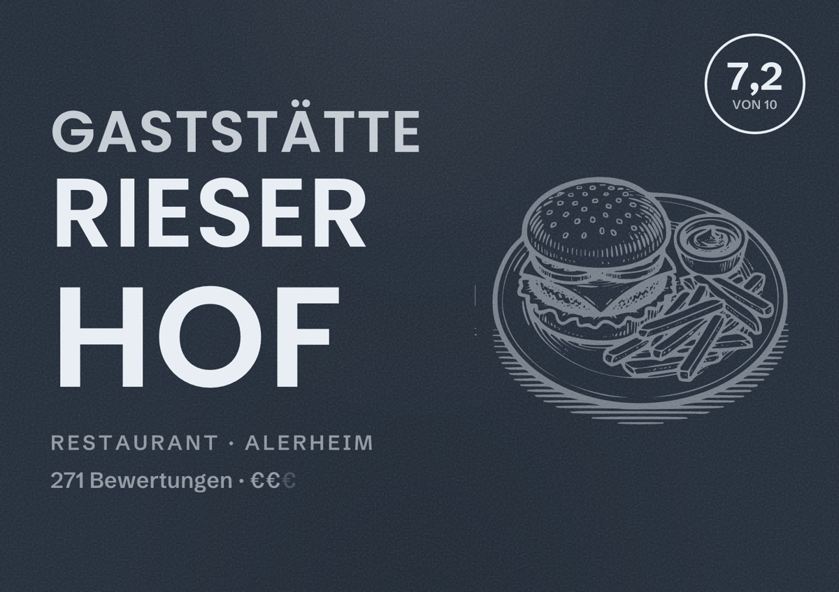 Illustriertes Poster von Gaststätte Rieser Hof, Restaurant in Alerheim: Bewertung 7,2 von 10 aus 271 Bewertungen, Preisniveau €€