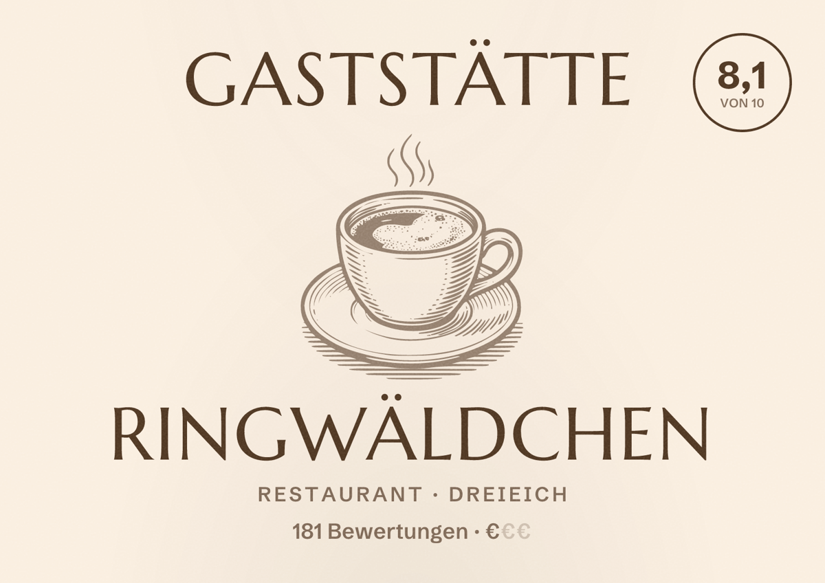 Illustriertes Poster von Gaststätte Ringwäldchen, Restaurant in Dreieich: Bewertung 8,1 von 10 aus 181 Bewertungen, Preisniveau €