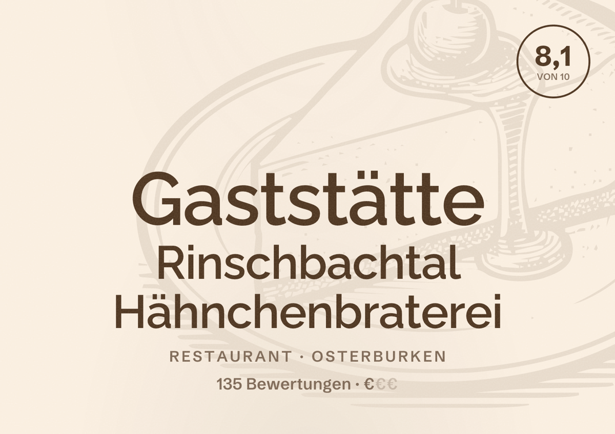Illustriertes Poster von Gaststätte Rinschbachtal Hähnchenbraterei, Restaurant in Osterburken: Bewertung 8,1 von 10 aus 135 Bewertungen, Preisniveau €