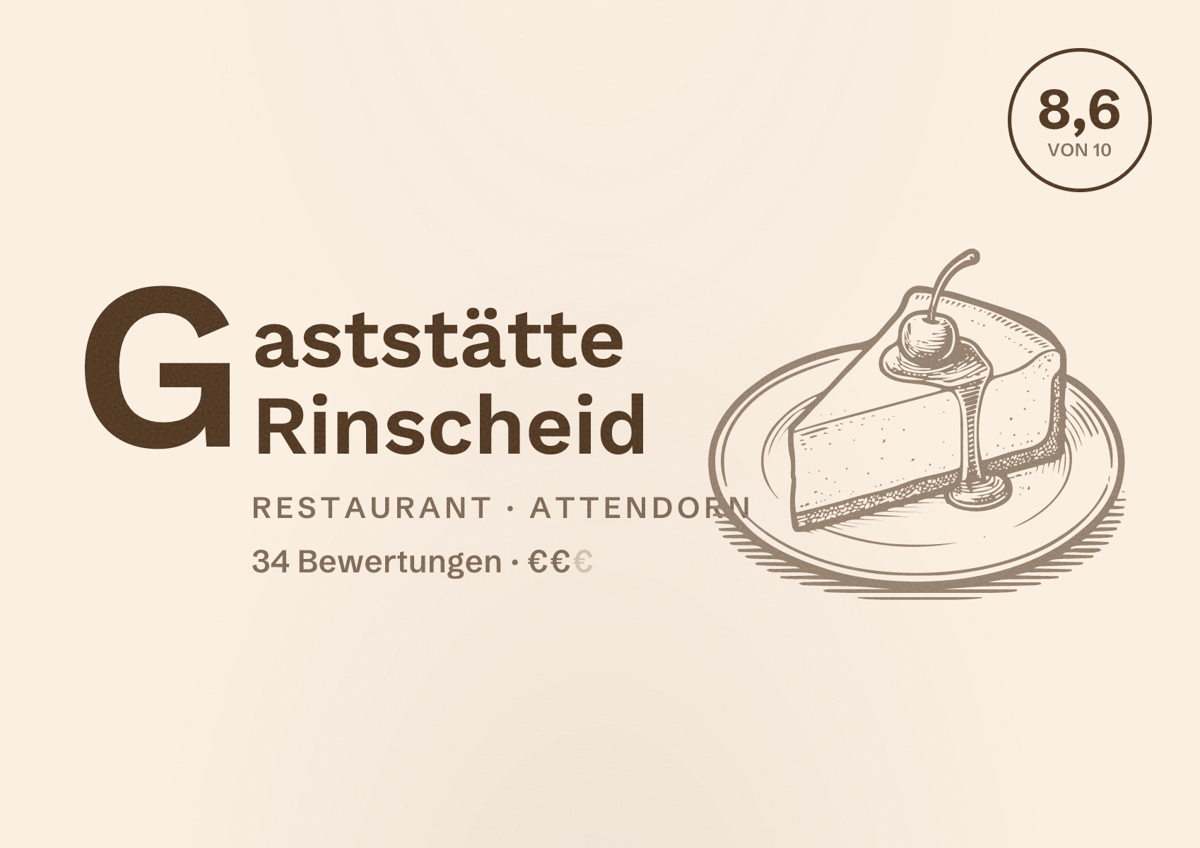 Illustriertes Poster von Gaststätte Rinscheid, Restaurant in Attendorn: Bewertung 8,6 von 10 aus 34 Bewertungen, Preisniveau €€
