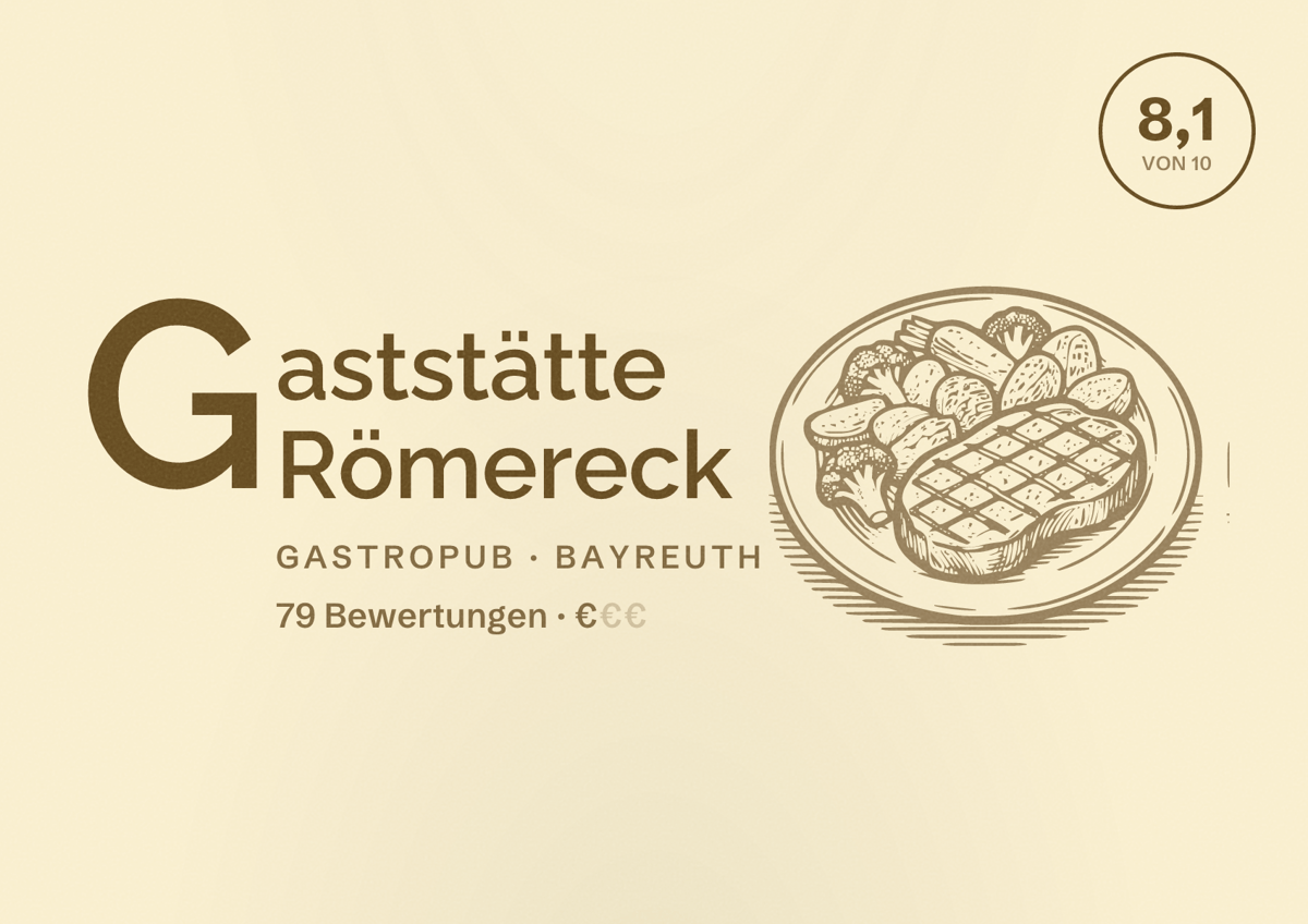Illustriertes Poster von Gaststätte Römereck, Gastropub in Bayreuth: Bewertung 8,1 von 10 aus 79 Bewertungen, Preisniveau €
