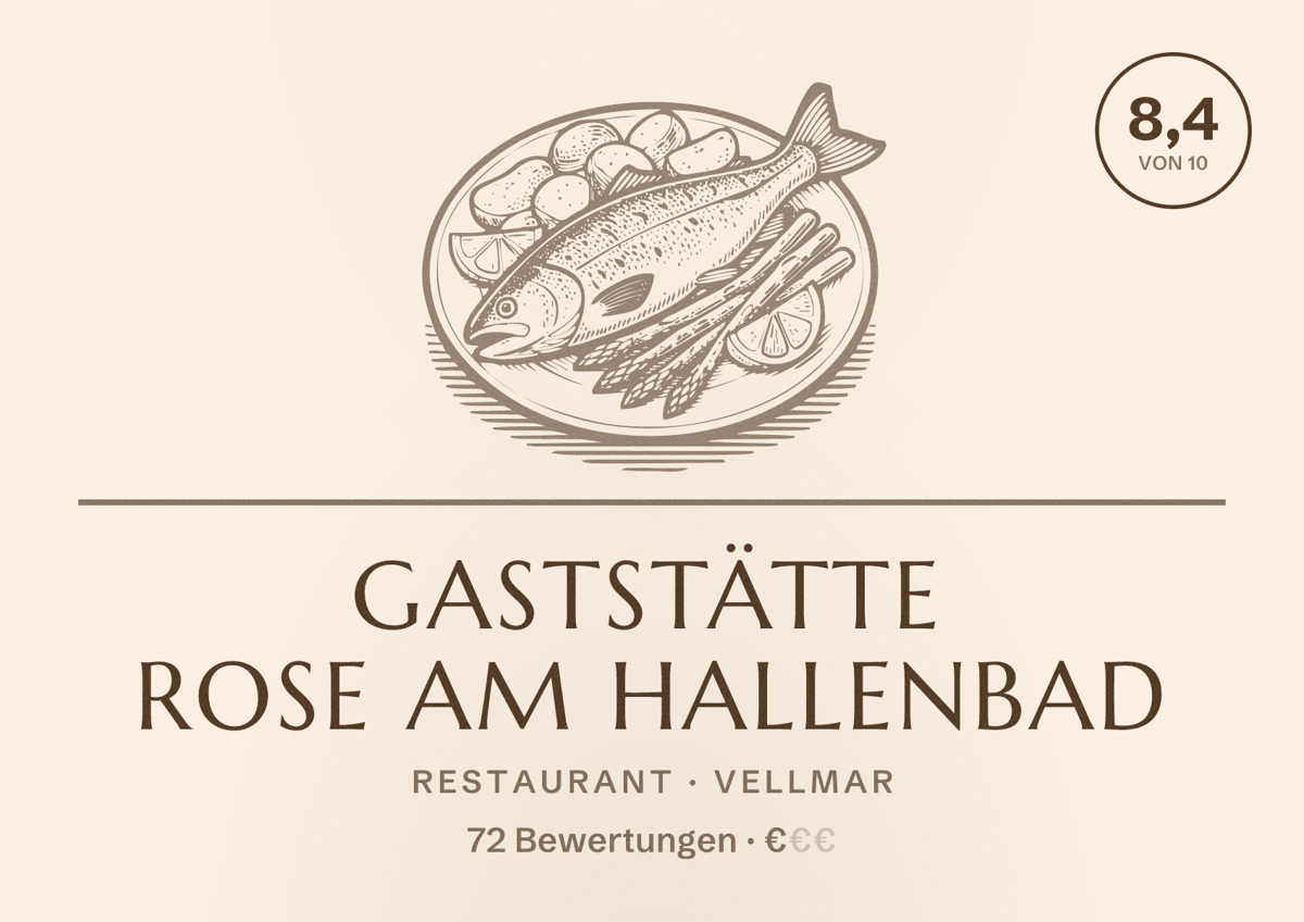 Illustriertes Poster von Gaststätte Rose am Hallenbad, Restaurant in Vellmar: Bewertung 8,4 von 10 aus 72 Bewertungen, Preisniveau €