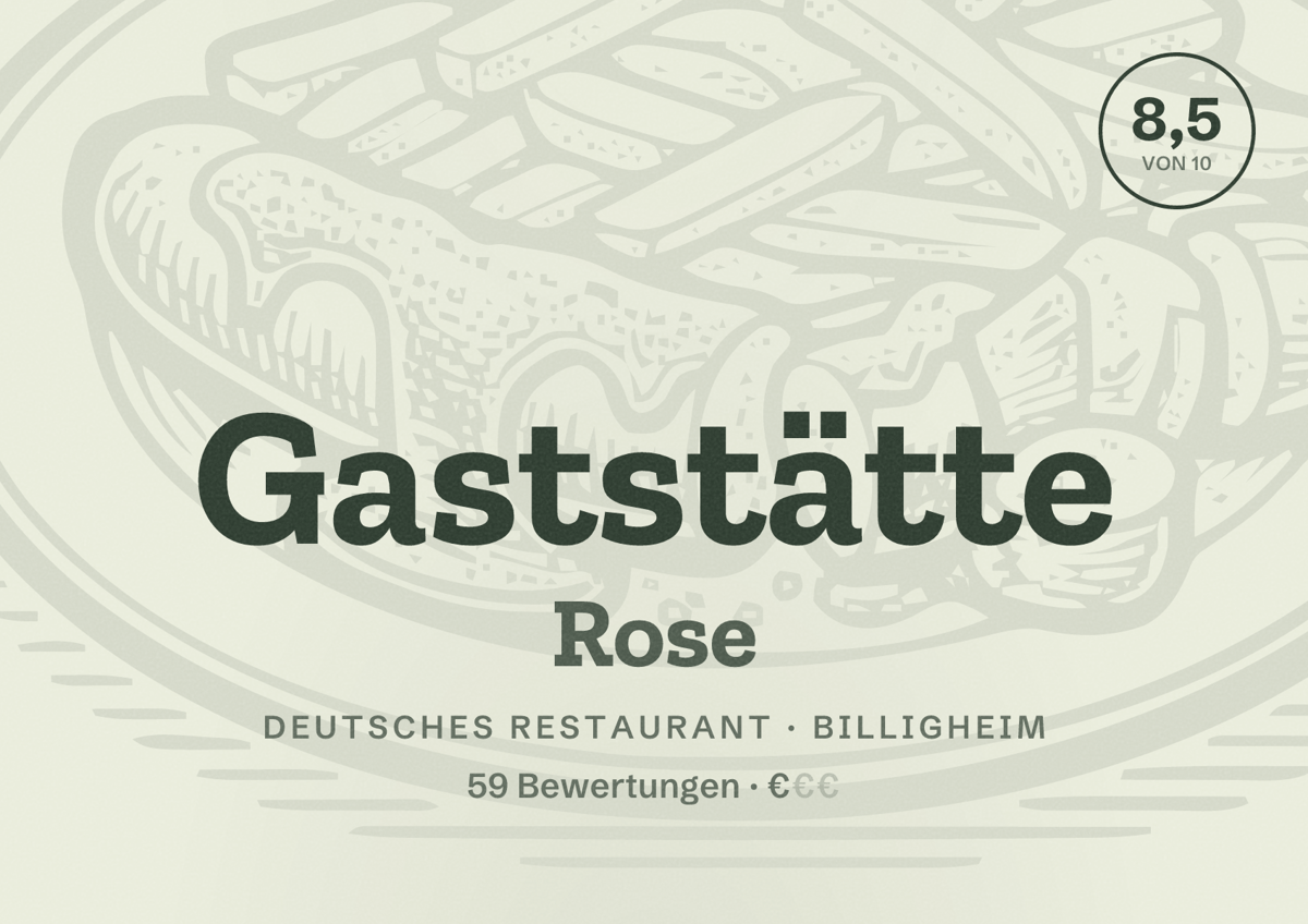 Illustriertes Poster von Gaststätte Rose, Deutsches Restaurant in Billigheim: Bewertung 8,5 von 10 aus 59 Bewertungen, Preisniveau €