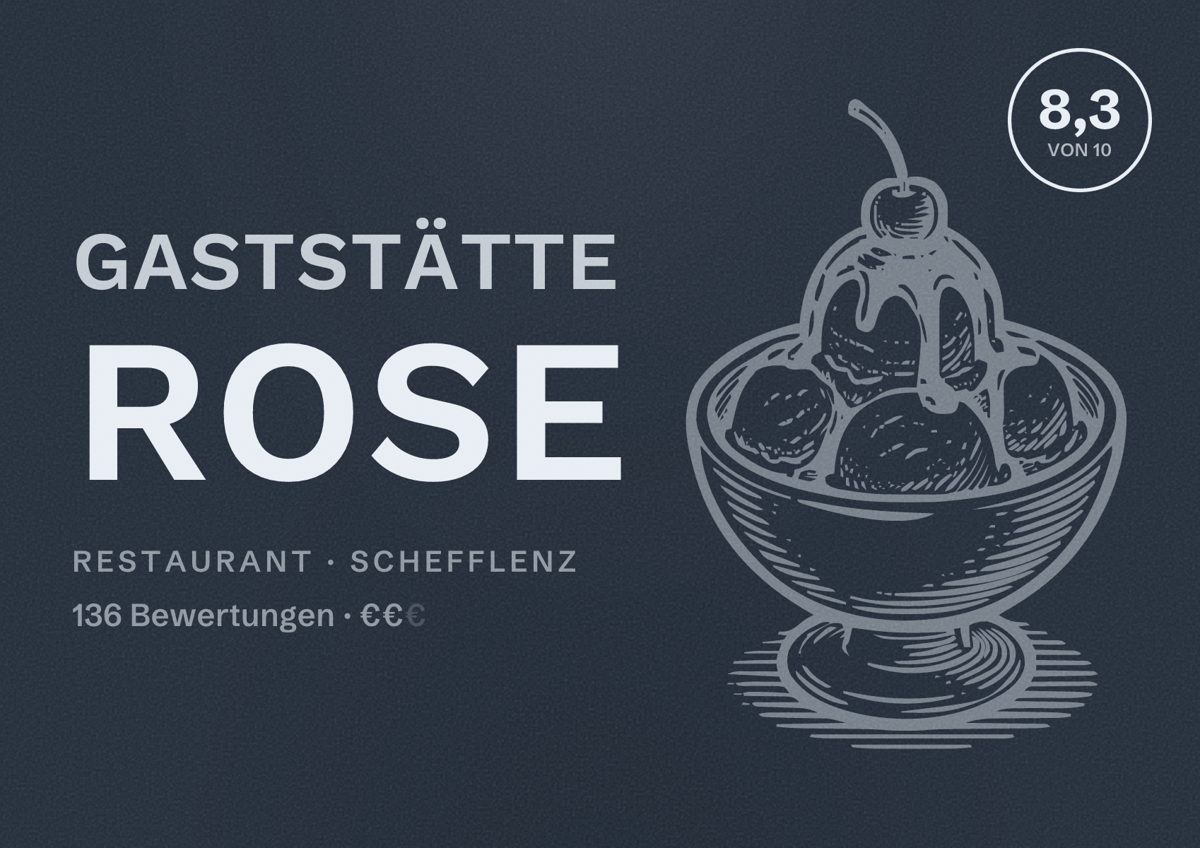 Illustriertes Poster von Gaststätte Rose, Restaurant in Schefflenz: Bewertung 8,3 von 10 aus 136 Bewertungen, Preisniveau €€