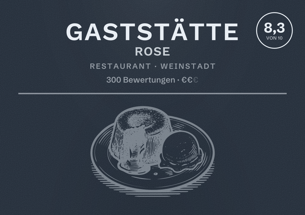 Illustriertes Poster von Gaststätte Rose, Restaurant in Weinstadt: Bewertung 8,3 von 10 aus 300 Bewertungen, Preisniveau €€