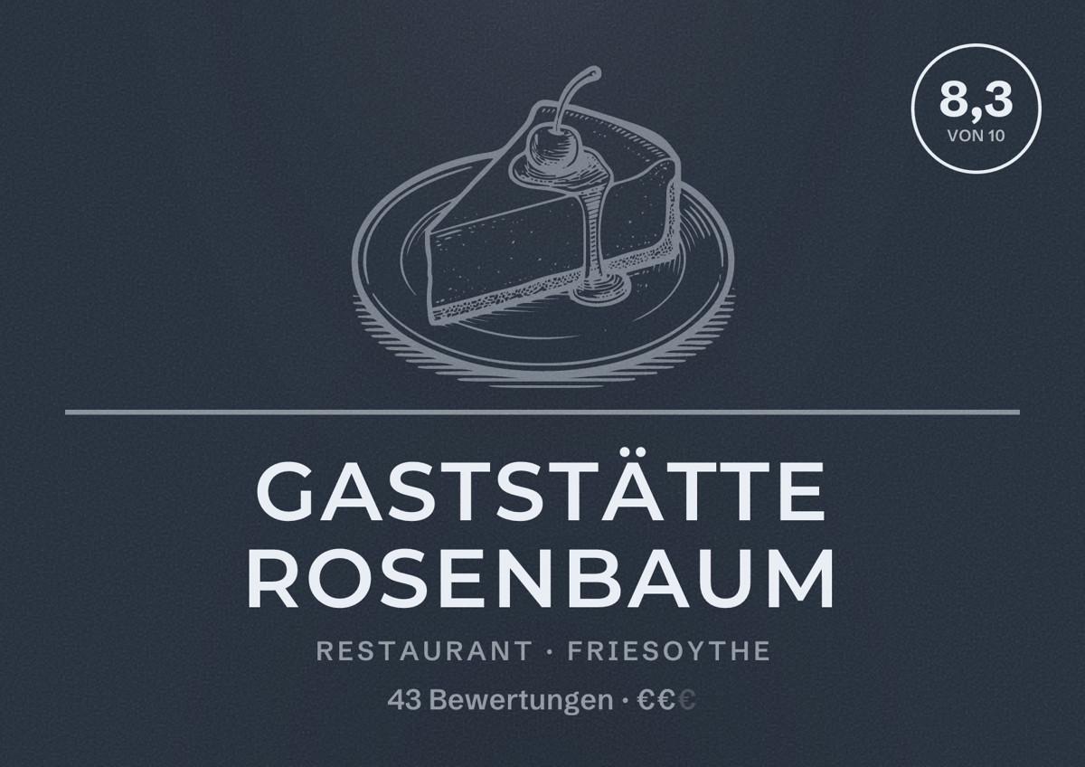 Illustriertes Poster von Gaststätte Rosenbaum, Restaurant in Friesoythe: Bewertung 8,3 von 10 aus 43 Bewertungen, Preisniveau €€