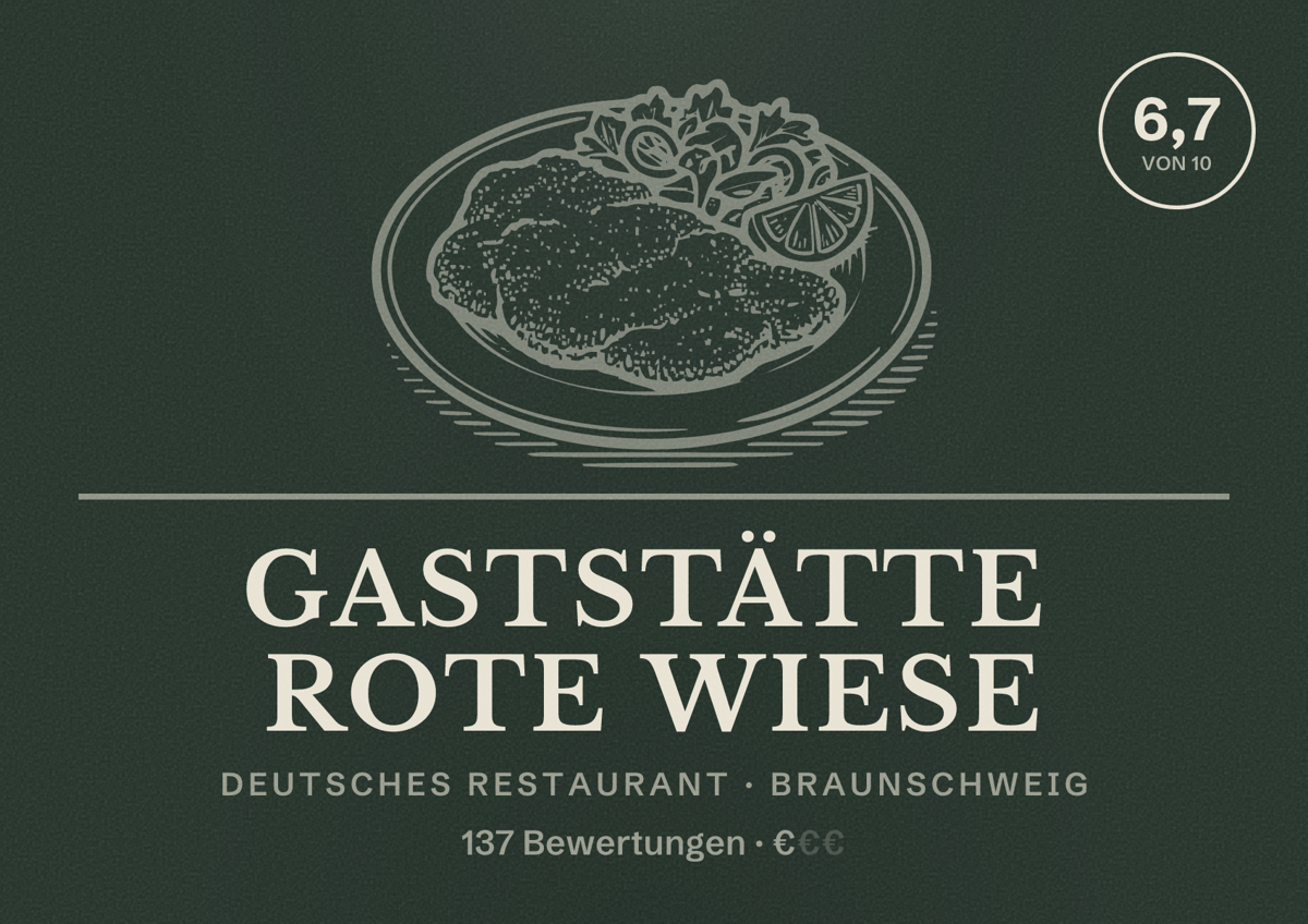 Illustriertes Poster von Gaststätte Rote Wiese, Deutsches Restaurant in Braunschweig: Bewertung 6,7 von 10 aus 137 Bewertungen, Preisniveau €