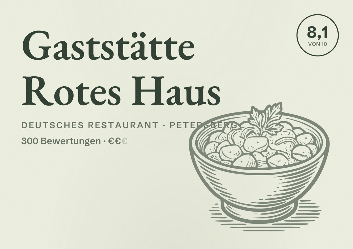 Illustriertes Poster von Gaststätte Rotes Haus, Deutsches Restaurant in Petersberg: Bewertung 8,1 von 10 aus 300 Bewertungen, Preisniveau €€