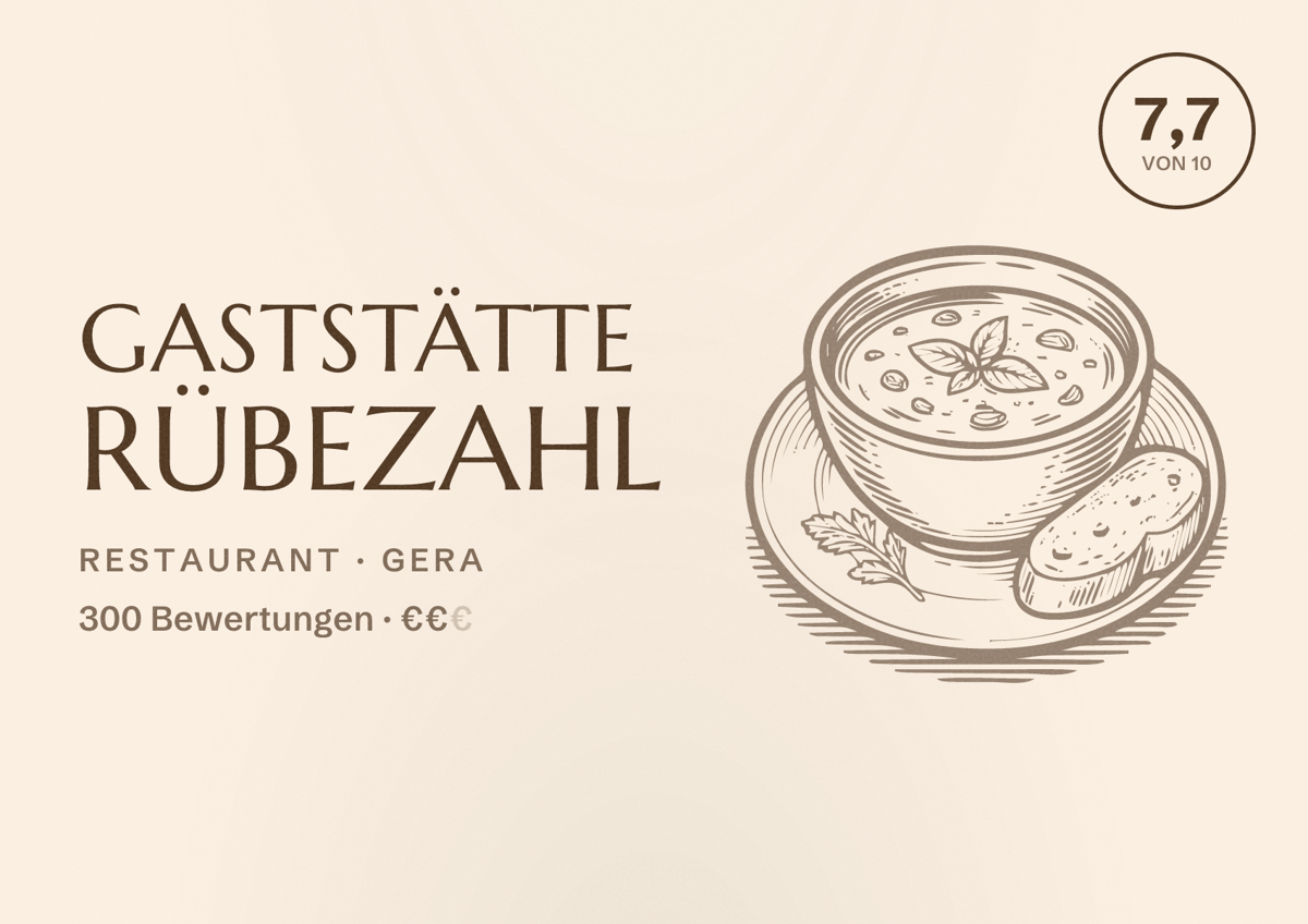 Illustriertes Poster von Gaststätte Rübezahl, Restaurant in Gera: Bewertung 7,7 von 10 aus 300 Bewertungen, Preisniveau €€