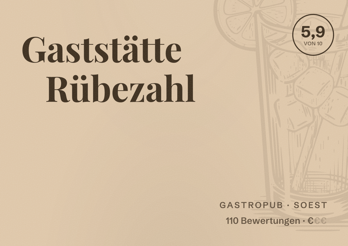 Illustriertes Poster von Gaststätte Rübezahl, Gastropub in Soest: Bewertung 5,9 von 10 aus 110 Bewertungen, Preisniveau €