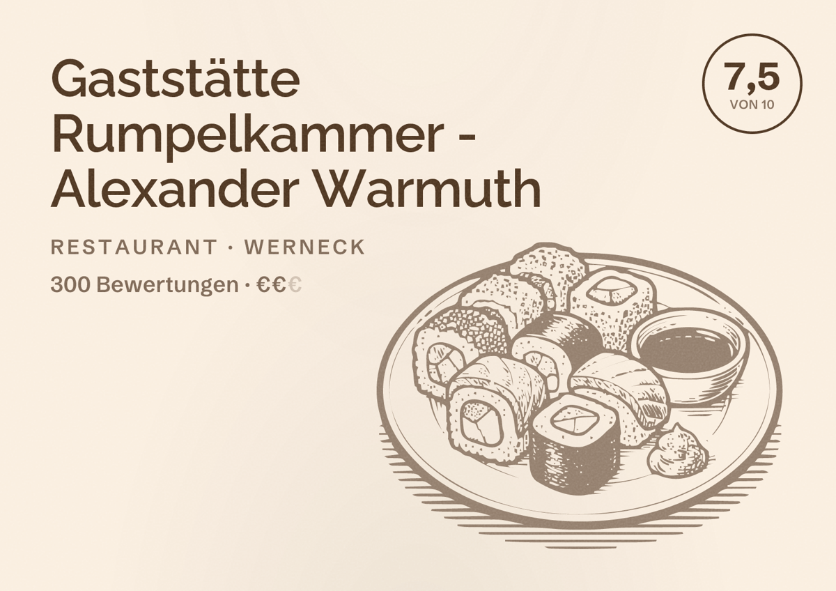 Illustriertes Poster von Gaststätte Rumpelkammer - Alexander Warmuth, Restaurant in Werneck: Bewertung 7,5 von 10 aus 300 Bewertungen, Preisniveau €€