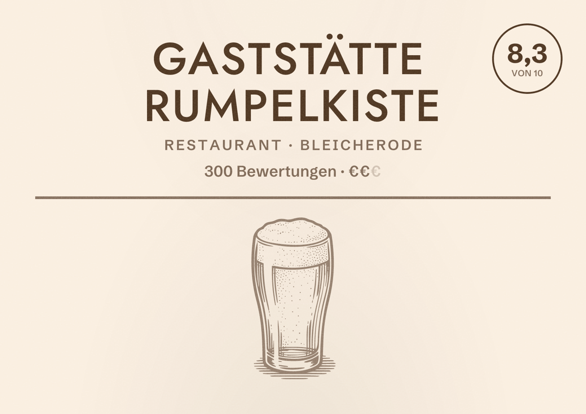 Illustriertes Poster von Gaststätte Rumpelkiste, Restaurant in Bleicherode: Bewertung 8,3 von 10 aus 300 Bewertungen, Preisniveau €€