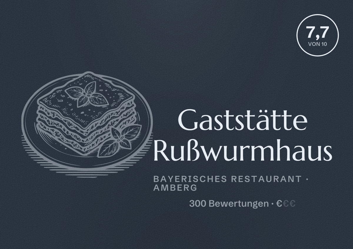Illustriertes Poster von Gaststätte Rußwurmhaus, Bayerisches Restaurant in Amberg: Bewertung 7,7 von 10 aus 300 Bewertungen, Preisniveau €