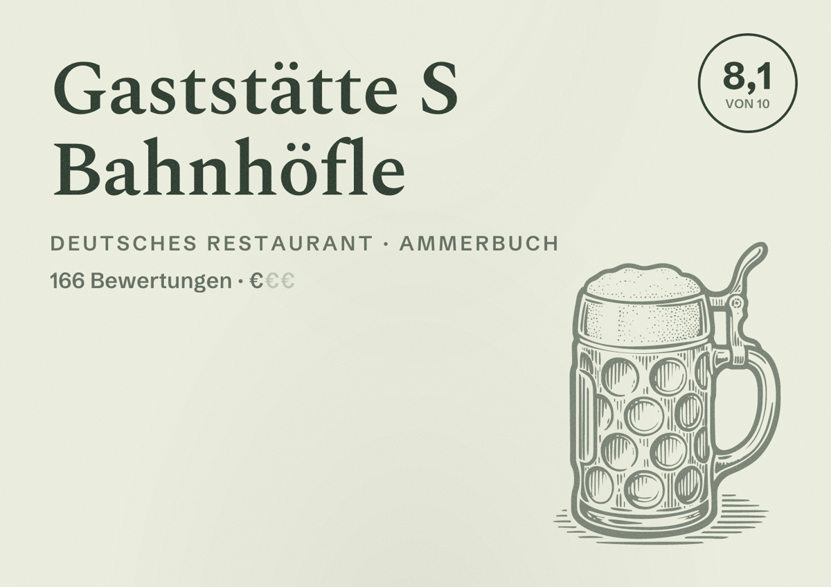 Illustriertes Poster von Gaststätte S Bahnhöfle, Deutsches Restaurant in Ammerbuch: Bewertung 8,1 von 10 aus 166 Bewertungen, Preisniveau €