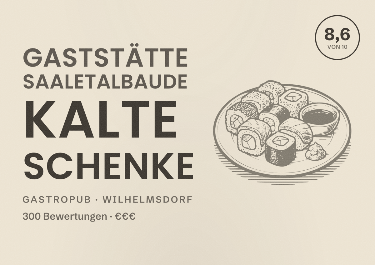 Illustriertes Poster von Gaststätte Saaletalbaude Kalte Schenke, Gastropub in Wilhelmsdorf: Bewertung 8,6 von 10 aus 300 Bewertungen, Preisniveau €€€
