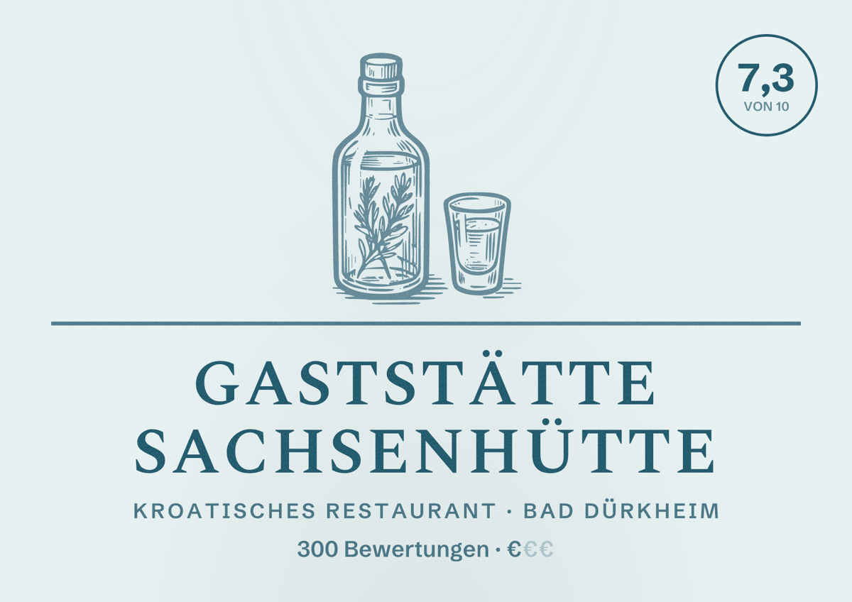 Illustriertes Poster von Gaststätte Sachsenhütte, Kroatisches Restaurant in Bad Dürkheim: Bewertung 7,3 von 10 aus 300 Bewertungen, Preisniveau €