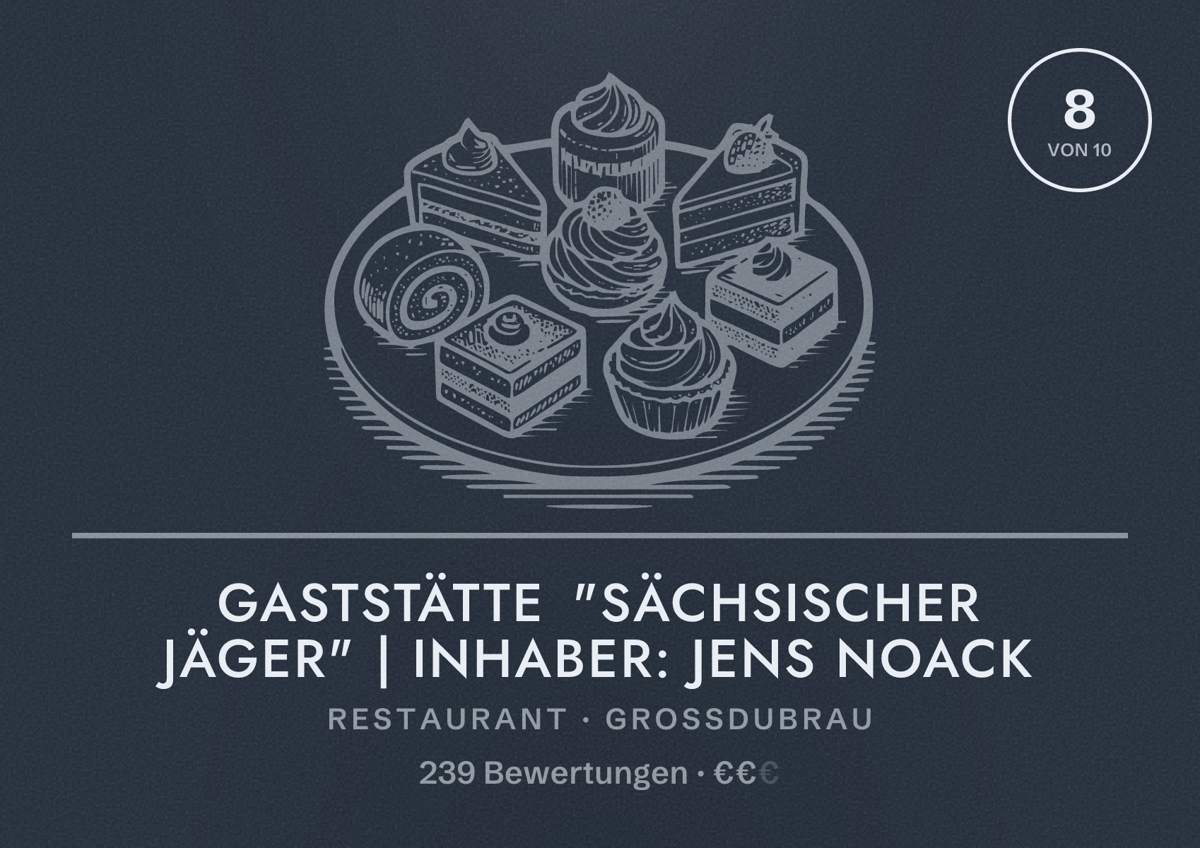 Illustriertes Poster von Gaststätte "Sächsischer Jäger" | Inhaber: Jens Noack, Restaurant in Großdubrau: Bewertung 8 von 10 aus 239 Bewertungen, Preisniveau €€