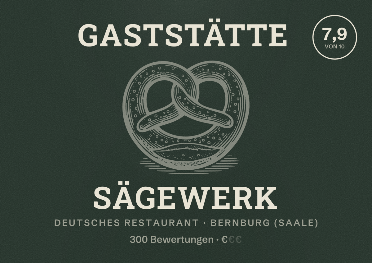 Illustriertes Poster von Gaststätte Sägewerk, Deutsches Restaurant in Bernburg (Saale): Bewertung 7,9 von 10 aus 300 Bewertungen, Preisniveau €