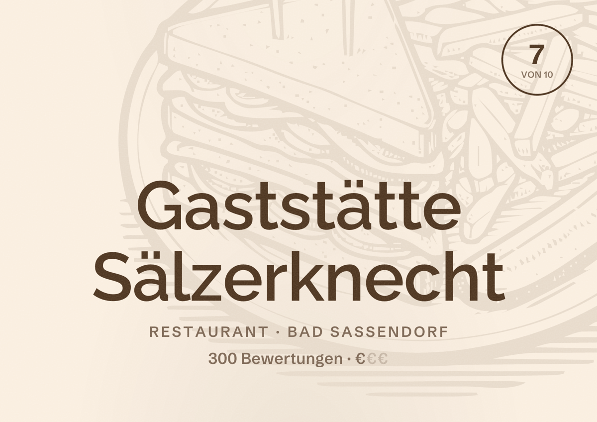 Illustriertes Poster von Gaststätte Sälzerknecht, Restaurant in Bad Sassendorf: Bewertung 7 von 10 aus 300 Bewertungen, Preisniveau €