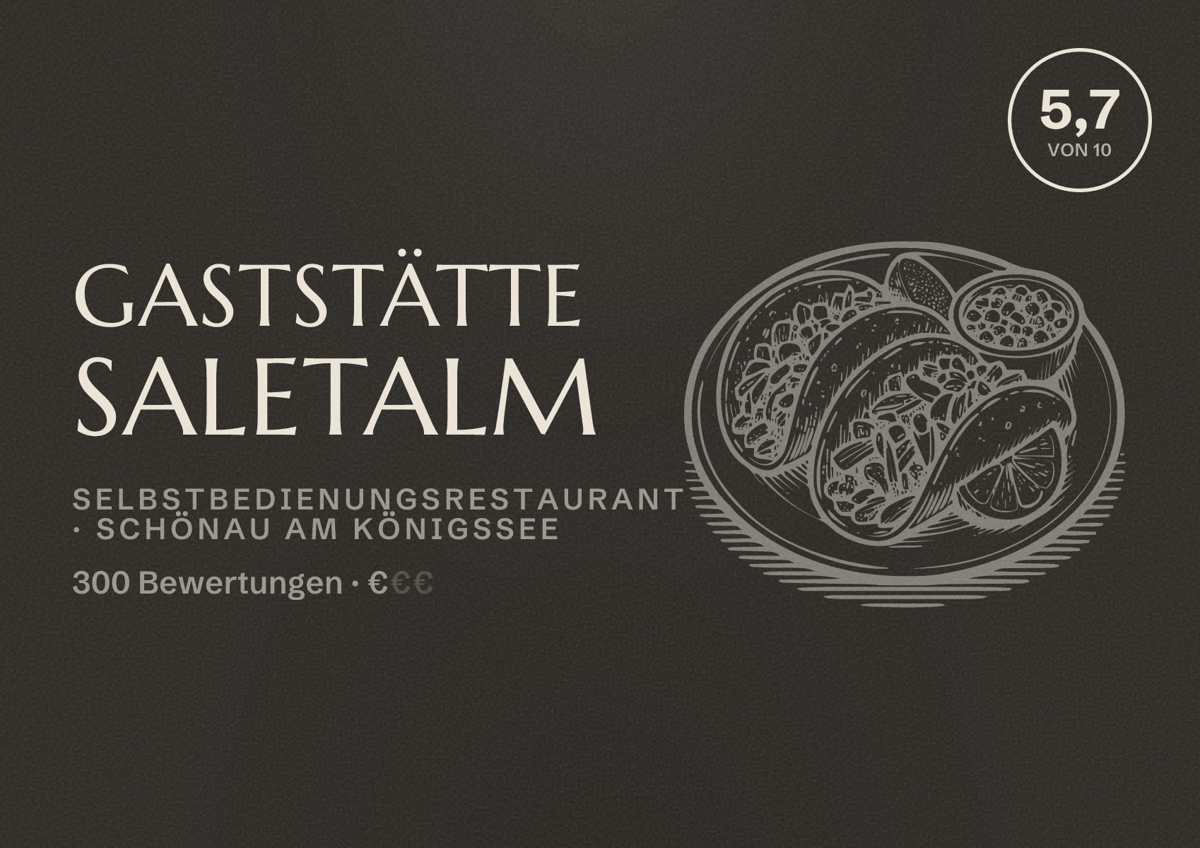 Illustriertes Poster von Gaststätte Saletalm, Selbstbedienungsrestaurant in Schönau am Königssee: Bewertung 5,7 von 10 aus 300 Bewertungen, Preisniveau €