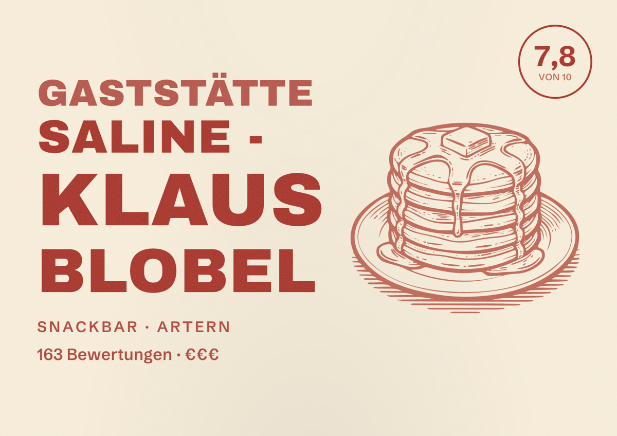 Illustriertes Poster von Gaststätte Saline - Klaus Blobel, Snackbar in Artern: Bewertung 7,8 von 10 aus 163 Bewertungen, Preisniveau €€€
