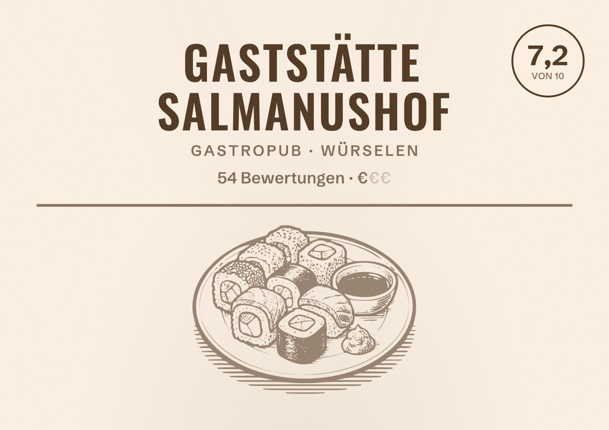 Illustriertes Poster von Gaststätte Salmanushof, Gastropub in Würselen: Bewertung 7,2 von 10 aus 54 Bewertungen, Preisniveau €