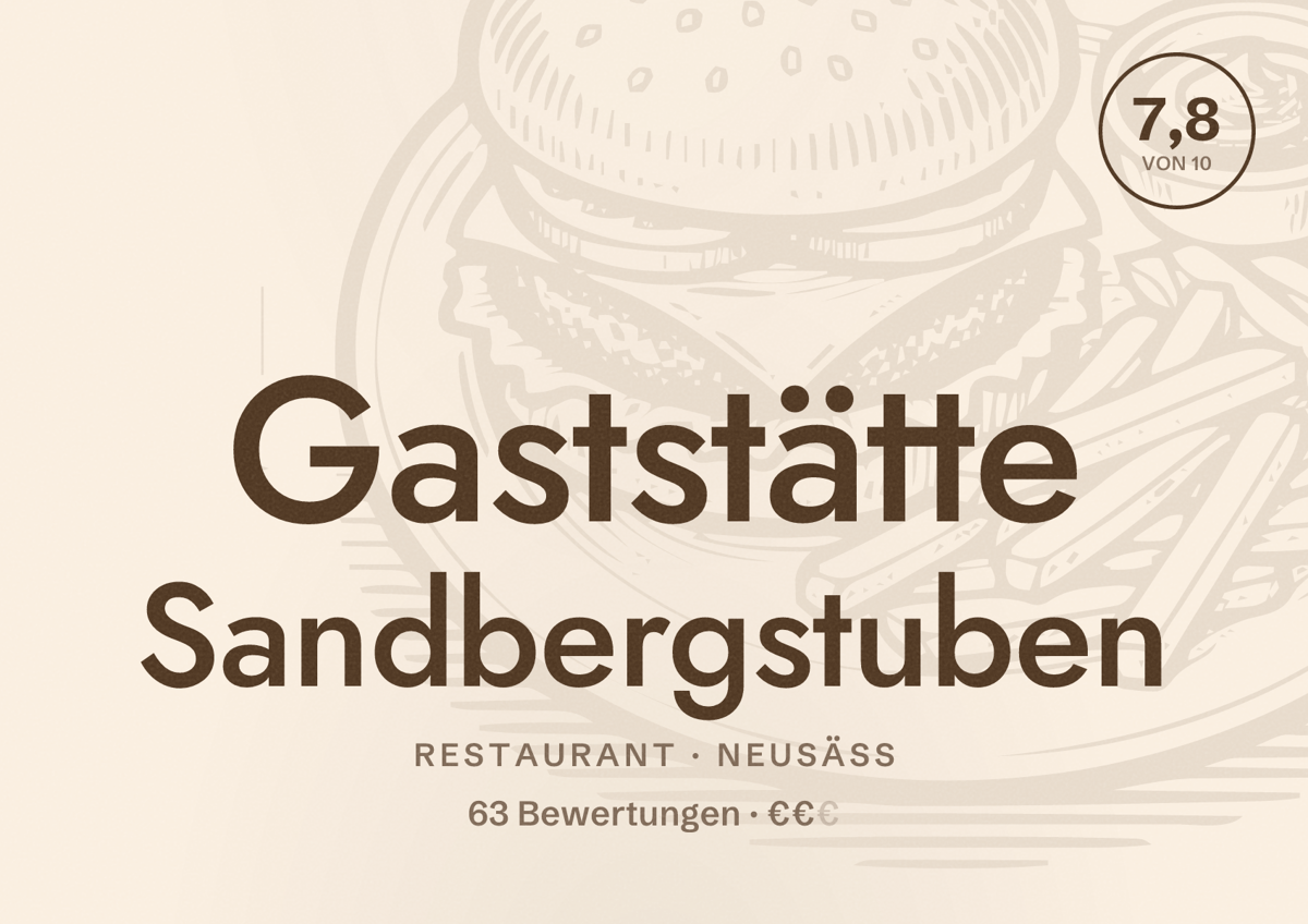 Illustriertes Poster von Gaststätte Sandbergstuben, Restaurant in Neusäß: Bewertung 7,8 von 10 aus 63 Bewertungen, Preisniveau €€