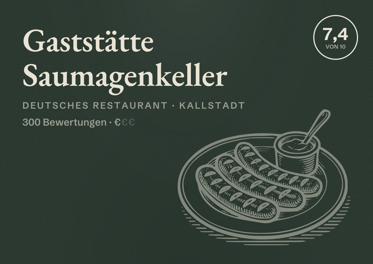 Illustriertes Poster von Gaststätte Saumagenkeller, Deutsches Restaurant in Kallstadt: Bewertung 7,4 von 10 aus 300 Bewertungen, Preisniveau €