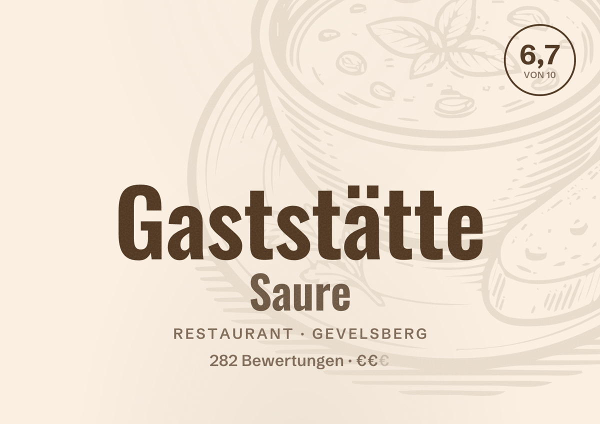 Illustriertes Poster von Gaststätte Saure, Restaurant in Gevelsberg: Bewertung 6,7 von 10 aus 282 Bewertungen, Preisniveau €€