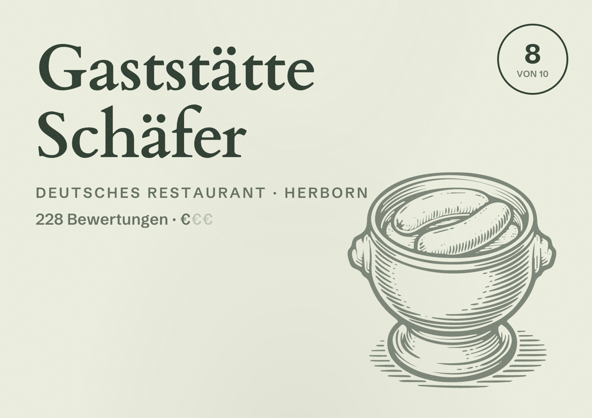 Illustriertes Poster von Gaststätte Schäfer, Deutsches Restaurant in Herborn: Bewertung 8 von 10 aus 228 Bewertungen, Preisniveau €