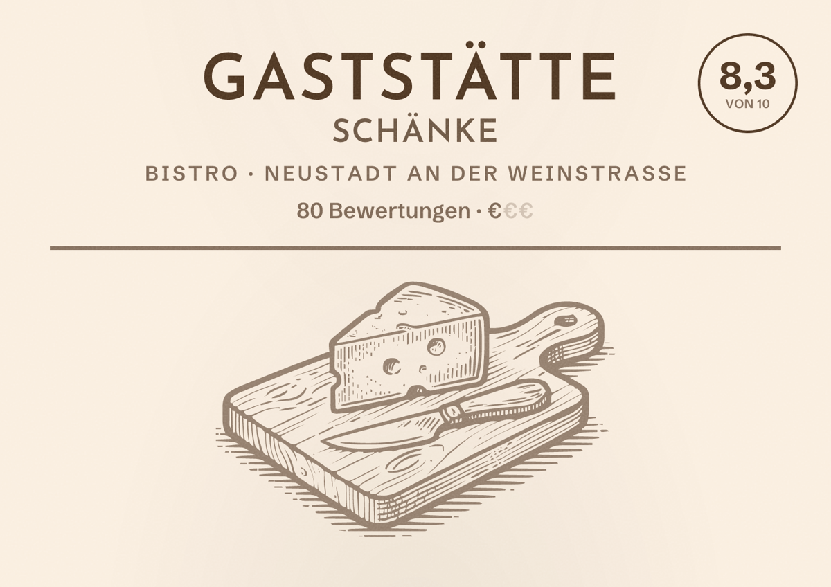 Illustriertes Poster von Gaststätte Schänke, Bistro in Neustadt an der Weinstraße: Bewertung 8,3 von 10 aus 80 Bewertungen, Preisniveau €