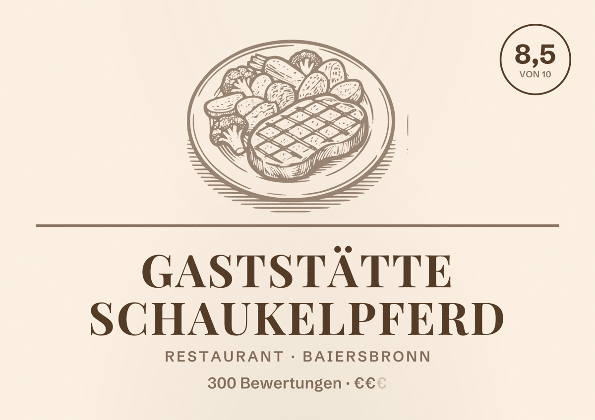 Illustriertes Poster von Gaststätte Schaukelpferd, Restaurant in Baiersbronn: Bewertung 8,5 von 10 aus 300 Bewertungen, Preisniveau €€