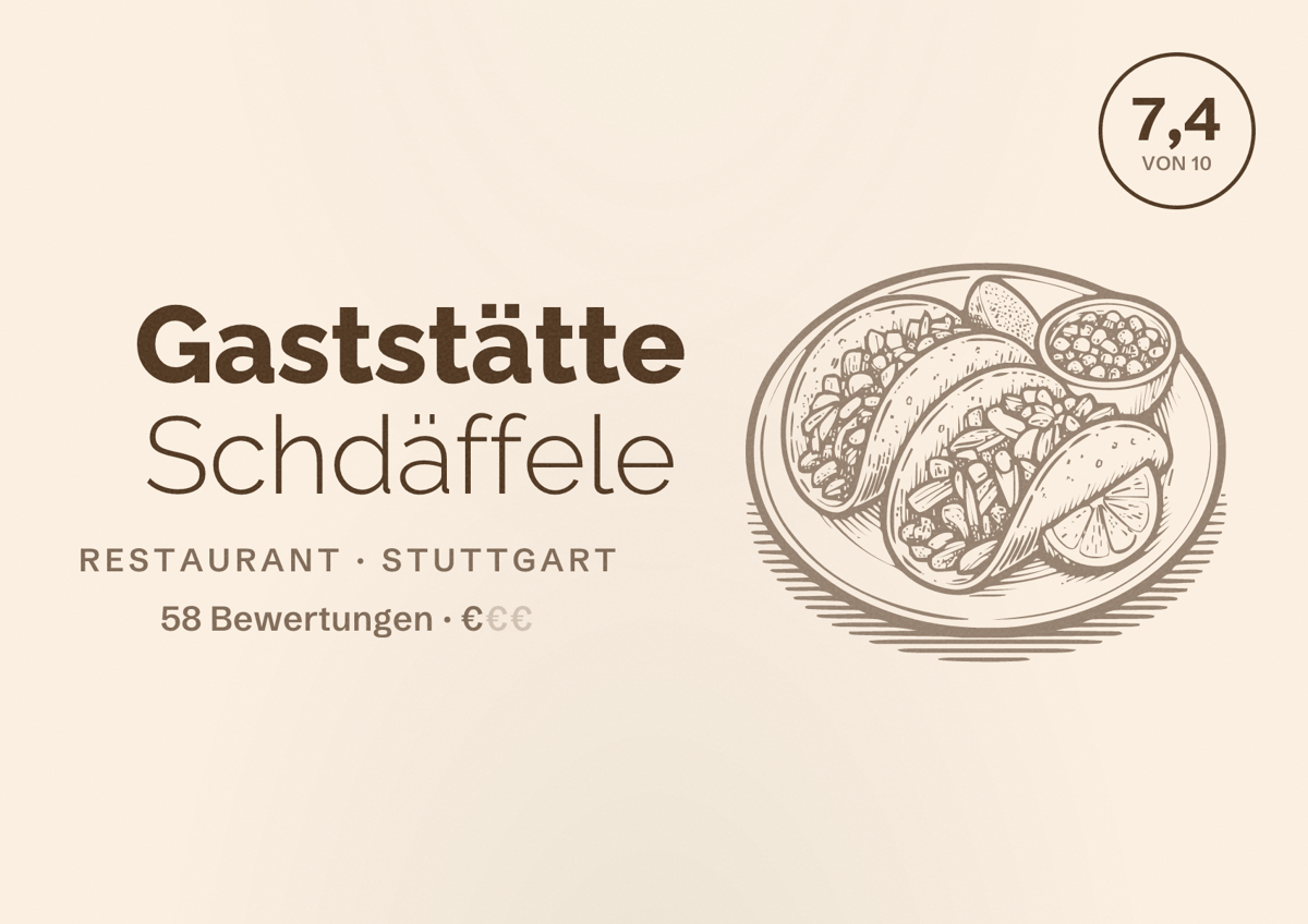 Illustriertes Poster von Gaststätte Schdäffele, Restaurant in Stuttgart: Bewertung 7,4 von 10 aus 58 Bewertungen, Preisniveau €