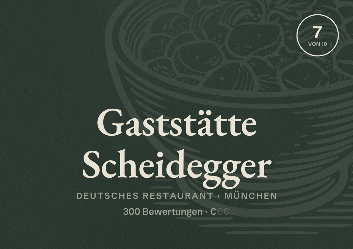 Illustriertes Poster von Gaststätte Scheidegger, Deutsches Restaurant in München: Bewertung 7,0 von 10 aus 300 Bewertungen, Preisniveau €