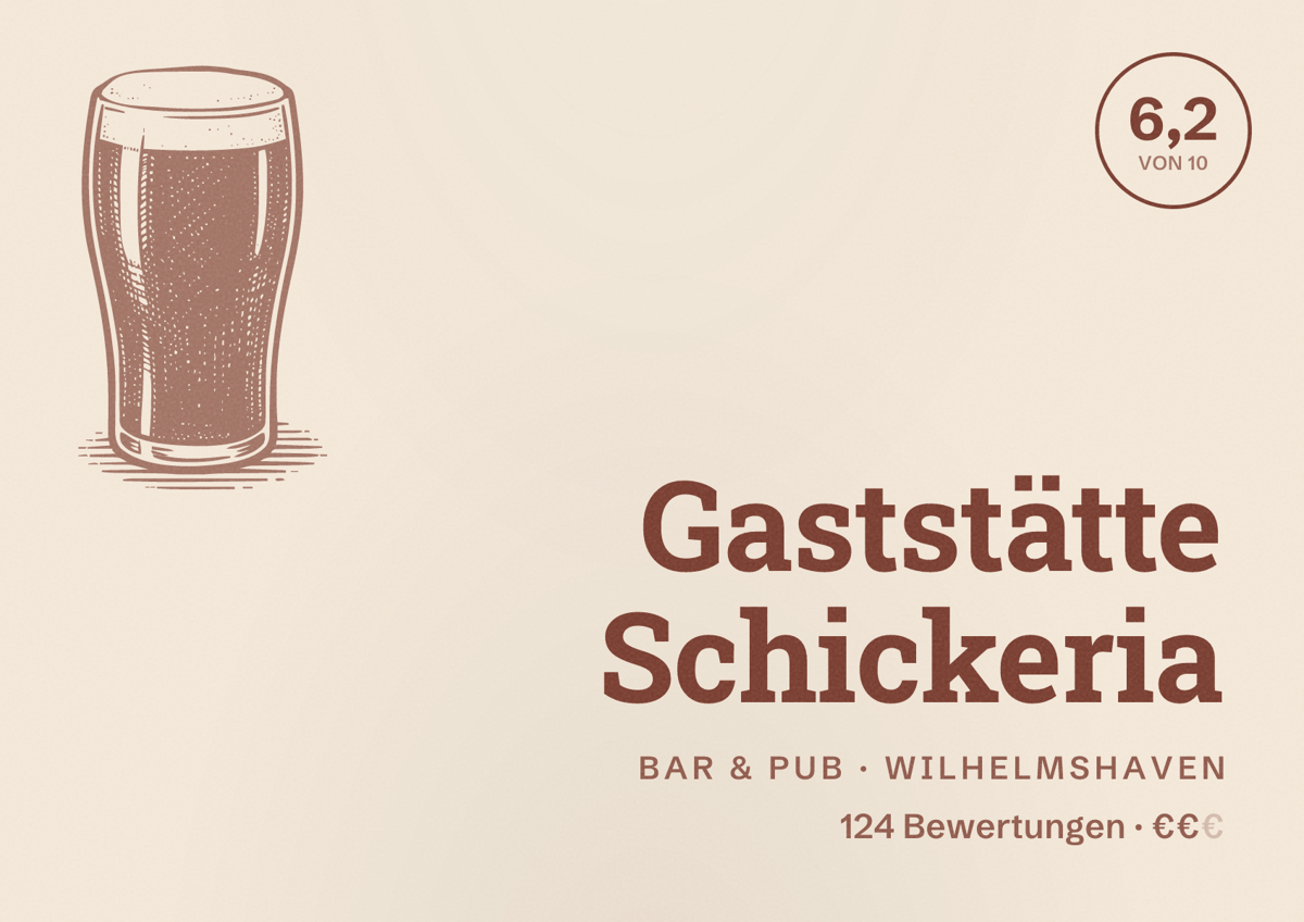 Illustriertes Poster von Gaststätte Schickeria, Bar & Pub in Wilhelmshaven: Bewertung 6,2 von 10 aus 124 Bewertungen, Preisniveau €€
