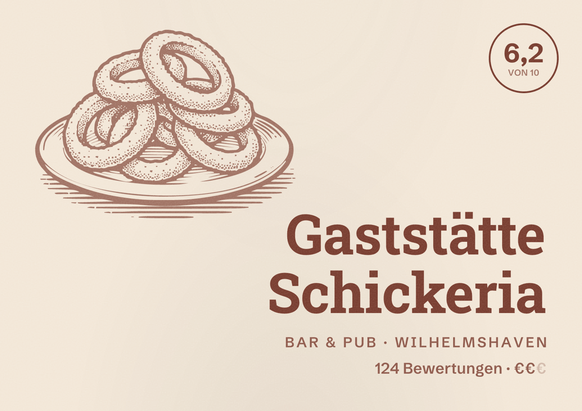 Illustriertes Poster von Gaststätte Schickeria, Bar & Pub in Wilhelmshaven: Bewertung 6,2 von 10 aus 124 Bewertungen, Preisniveau €€