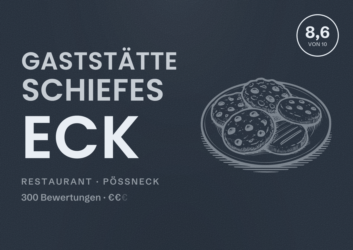 Illustriertes Poster von Gaststätte Schiefes Eck, Restaurant in Pößneck: Bewertung 8,6 von 10 aus 300 Bewertungen, Preisniveau €€