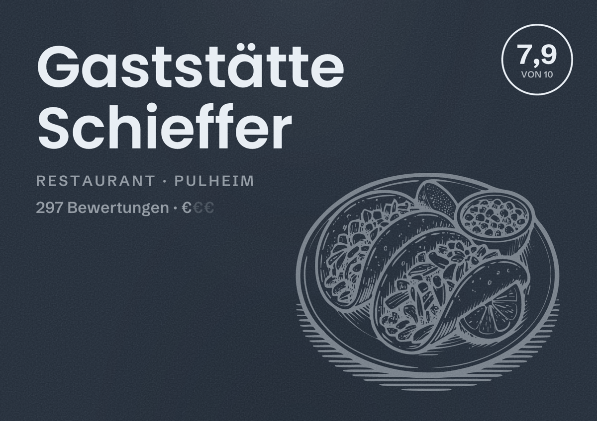 Illustriertes Poster von Gaststätte Schieffer, Restaurant in Pulheim: Bewertung 7,9 von 10 aus 297 Bewertungen, Preisniveau €