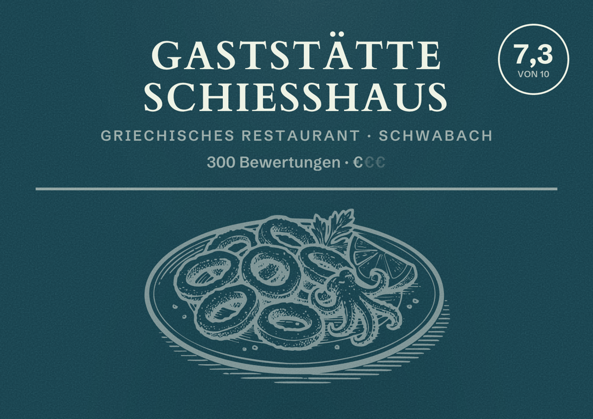 Illustriertes Poster von Gaststätte Schiesshaus, Griechisches Restaurant in Schwabach: Bewertung 7,3 von 10 aus 300 Bewertungen, Preisniveau €