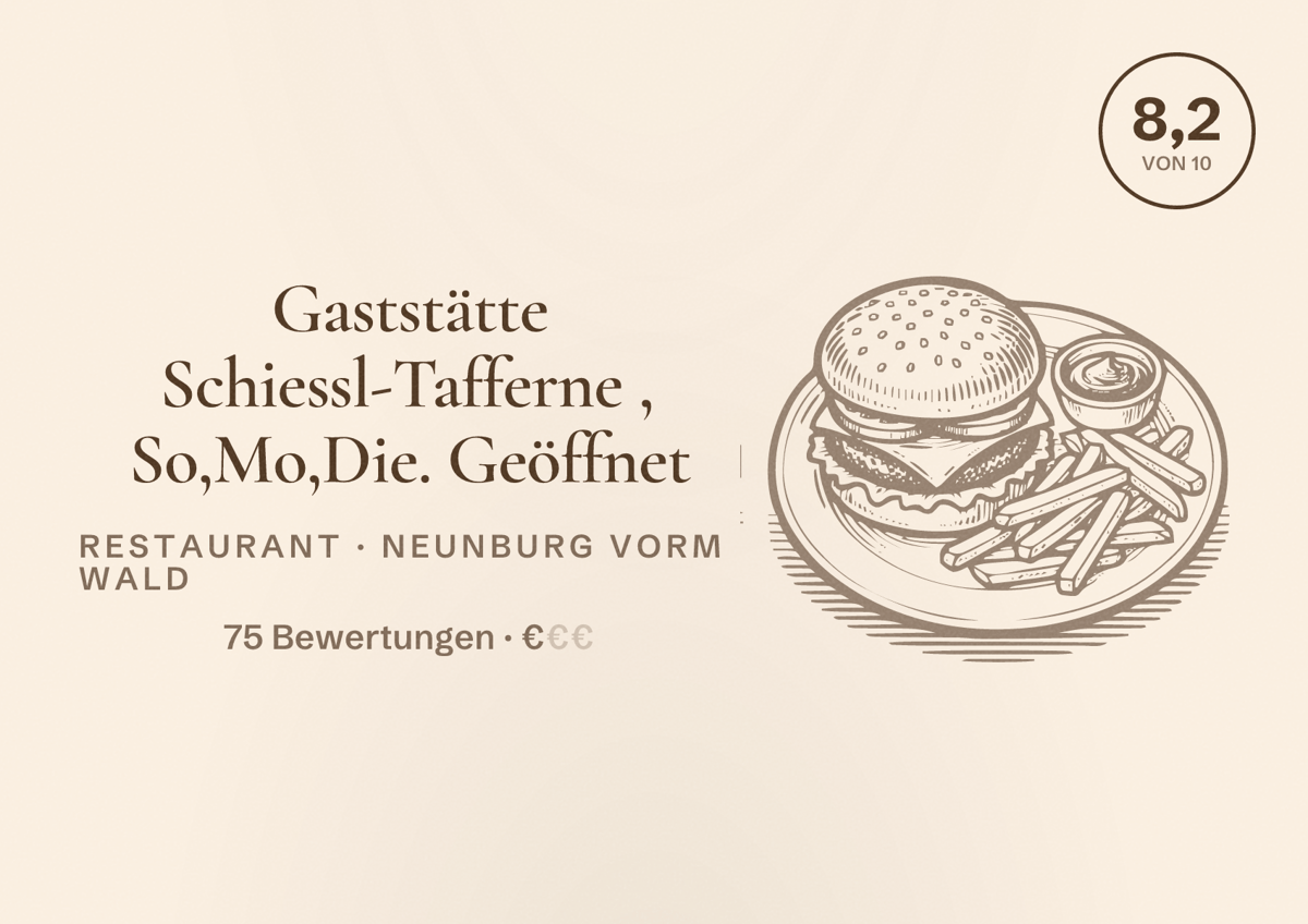 Illustriertes Poster von Gaststätte Schiessl-Tafferne , So,Mo,Die. Geöffnet, Restaurant in Neunburg vorm Wald: Bewertung 8,2 von 10 aus 75 Bewertungen, Preisniveau €