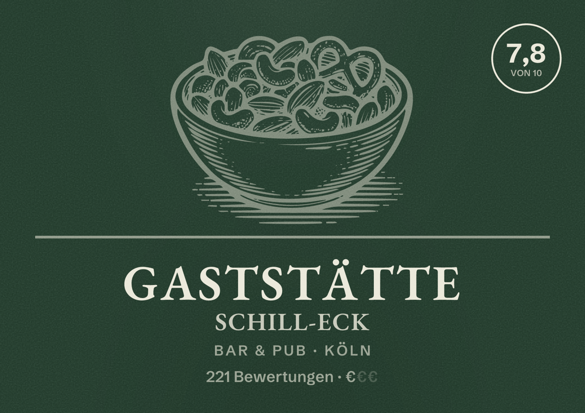 Illustriertes Poster von Gaststätte Schill-Eck, Bar & Pub in Köln: Bewertung 7,8 von 10 aus 221 Bewertungen, Preisniveau €