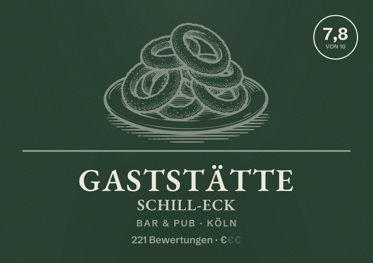 Illustriertes Poster von Gaststätte Schill-Eck, Bar & Pub in Köln: Bewertung 7,8 von 10 aus 221 Bewertungen, Preisniveau €
