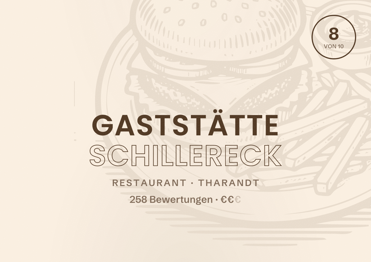 Illustriertes Poster von Gaststätte Schillereck, Restaurant in Tharandt: Bewertung 8 von 10 aus 258 Bewertungen, Preisniveau €€