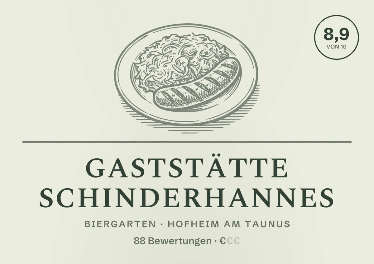 Illustriertes Poster von Gaststätte Schinderhannes, Biergarten in Hofheim am Taunus: Bewertung 8,9 von 10 aus 88 Bewertungen, Preisniveau €