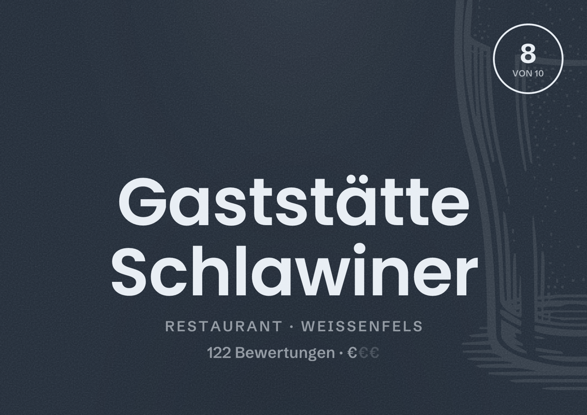 Illustriertes Poster von Gaststätte Schlawiner, Restaurant in Weißenfels: Bewertung 8 von 10 aus 122 Bewertungen, Preisniveau €