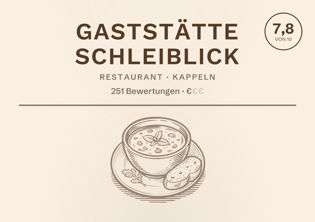 Illustriertes Poster von Gaststätte Schleiblick, Restaurant in Kappeln: Bewertung 7,8 von 10 aus 251 Bewertungen, Preisniveau €