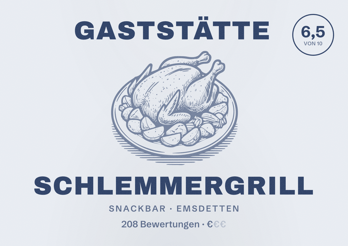 Illustriertes Poster von Gaststätte Schlemmergrill, Snackbar in Emsdetten: Bewertung 6,5 von 10 aus 208 Bewertungen, Preisniveau €
