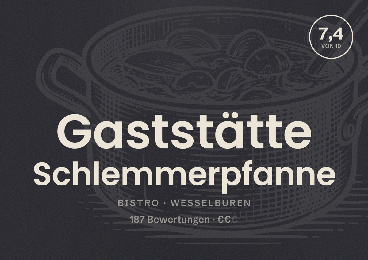 Illustriertes Poster von Gaststätte Schlemmerpfanne, Bistro in Wesselburen: Bewertung 7,4 von 10 aus 187 Bewertungen, Preisniveau €€
